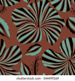 Trendy seamless floral pattern. Vector illustration with many blue and black hibiscus flowers.