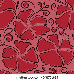 Trendy seamless floral pattern. Vector illustration with many red hibiscus flowers.
