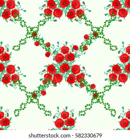 Trendy seamless floral pattern. Vector illustration with many motley flowers on a beige background.