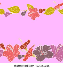 Trendy seamless floral pattern. Vector illustration with many orange, yellow and pink hibiscus flowers and copy space (place for your text).