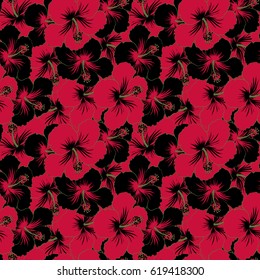 Trendy seamless floral pattern. Vector illustration with many red, green and black hibiscus flowers.