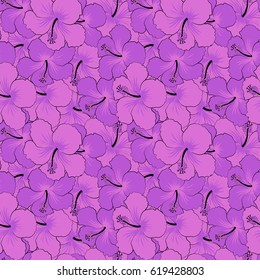 Trendy seamless floral pattern. Vector illustration with many violet hibiscus flowers.