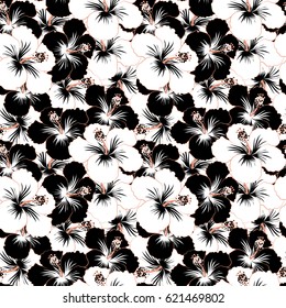 Trendy seamless floral pattern. Vector illustration with many white, neutral and black hibiscus flowers.