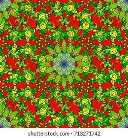 Trendy seamless floral pattern. Vector illustration with many green, red and yellow flowers.