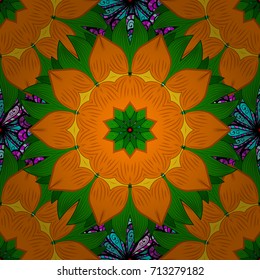 Trendy seamless floral pattern. Vector illustration with many orange, green, black and pink flowers.