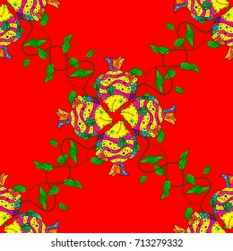 Trendy seamless floral pattern. Vector illustration with many red, green and yellow flowers.