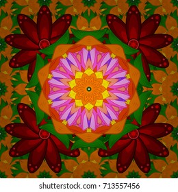Trendy seamless floral pattern. Vector illustration with many orange, red and green flowers.