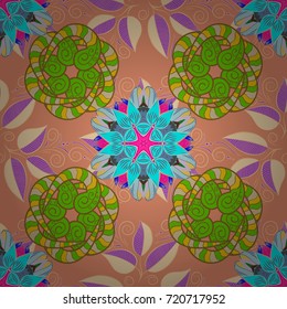 Trendy seamless floral pattern. Vector illustration with many orange, beige and green flowers.