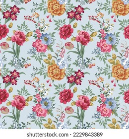 Trendy Seamless Floral Pattern in Vector,Bright seamless pattern flowers drawn on paper paints.Roses pattern bunch of flowers, repeating print for fabric on blue background.