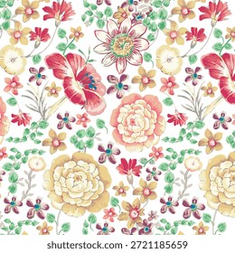 Patrón floral inconsútil de moda en Vector, flores brillantes del patrón inconsútil dibujadas en las pinturas de papel. Rosas patrón manojo de flores, impresión repetida para la tela en medio fondo blanco.