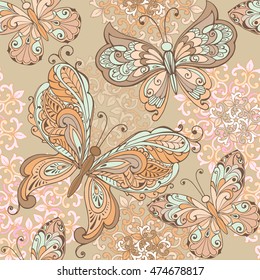 Trendy Seamless Floral Print in pastel colors.  Seamless pattern with decorative butterflies in pastel colors. Vector illustration.