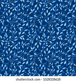 Trendy Seamless Floral Print. Small blue leaves on dark navy background. Can be used for textile, fabric, wallpaper, scrapbooking design. Vector