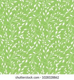 Trendy Seamless Floral Print. Small white leaves on green background. Can be used for textile, fabric, wallpaper, scrapbooking design. Vector