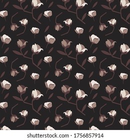 Trendy Seamless Floral Roses Muster auf dunkelschwarzem Hintergrund.