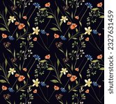 Trendy seamless floral textile print midnight flowers. Plants drawn against a dark background, intertwined with each other. Autumn winter floral fabric background, vector, hand drawn