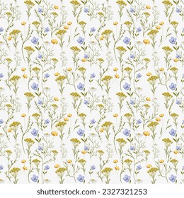 Trendy seamless floral textile print. Aerial flora pattern. Botanical print with meadow herbs and medium-sized flowers, thin stems, graceful fragile, loose pattern.Natural colors. Vector, hand drawing