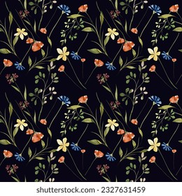 Trendy seamless floral textile print midnight flowers. Plants drawn against a dark background, intertwined with each other. Autumn winter floral fabric background, vector, hand drawn - Shutterstock ID 2327631459