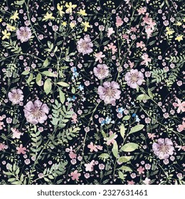 Trendy seamless floral textile print midnight flowers. Plants drawn against a dark background, intertwined with each other. Autumn winter floral fabric background, vector, hand drawn