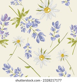 Trendy seamless floral textile print. Aerial flora pattern. Summer wildflowers  chamomiles seamless background. Vector, hand drawing