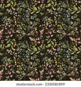 Trendy seamless floral textile print midnight flowers. Plants drawn against a dark background, intertwined with each other. Autumn winter floral fabric background, vector,  Aerial flora pattern