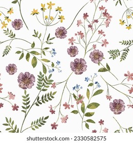 Impresión textil floral sin fisuras de moda. Patrón de flora aérea. Impresión botánica con hierbas de prado y flores de tamaño medio, tallos delgados, elegante y frágil patrón. Colores naturales. Vector, dibujo a mano