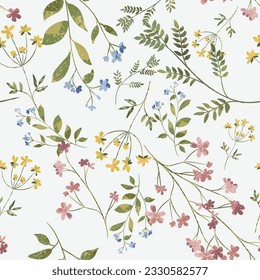 Impresión textil floral sin fisuras de moda. Patrón de flora aérea. Impresión botánica con hierbas de prado y flores de tamaño medio, tallos delgados, elegante y frágil patrón. Colores naturales. Vector, dibujo a mano