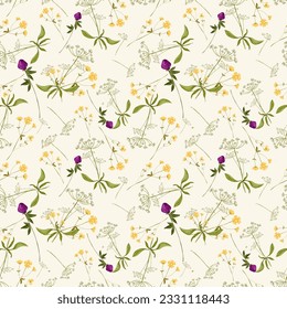 Trendy seamless floral textile print. Aerial flora pattern. Botanical print with meadow herbs and medium-sized flowers, thin stems, graceful fragile, loose pattern.Natural colors. Vector, hand drawing