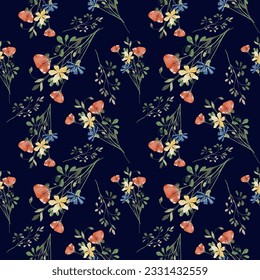 Trendy seamless floral textile print midnight flowers. Plants drawn against a dark background, intertwined with each other. Autumn winter floral fabric background, vector,  Aerial flora pattern