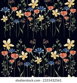 Trendy seamless floral textile print midnight flowers. Plants drawn against a dark background, intertwined with each other. Autumn winter floral fabric background, vector,  Aerial flora pattern