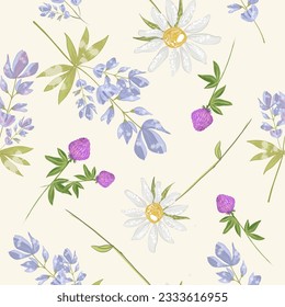 Trendy seamless floral textile print. Aerial flora pattern. Summer wildflowers  chamomiles seamless background. Vector, hand drawing