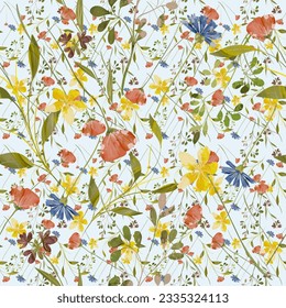 Trendy seamless floral textile print. Aerial flora pattern. Botanical print with meadow herbs and medium-sized flowers, thin stems, graceful fragile, loose pattern.Natural colors. Vector, hand drawing