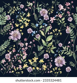 Trendy nahtlose Blumenmuster Stoffdruck Mitternachtsblumen. Pflanzen auf dunklem Hintergrund, miteinander verflochten. Herbstwinterfloraler Hintergrund, Vektorgrafik, Muster der Luftflora