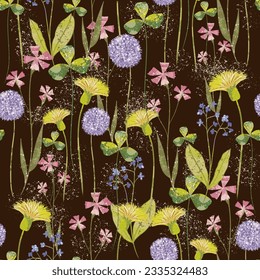 Trendy seamless floral textile print midnight flowers. Plants drawn against a dark background, intertwined with each other. Autumn winter floral fabric background, vector,  Aerial flora pattern