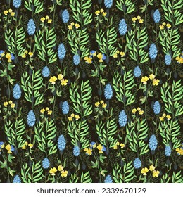 Trendy seamless floral textile print midnight flowers. Plants drawn against a dark background, intertwined with each other. Autumn winter floral fabric background, vector,  Aerial flora pattern