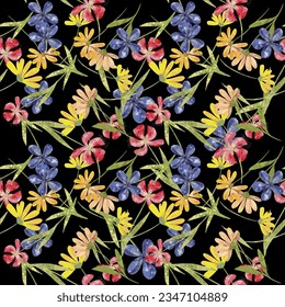 Trendy seamless floral textile print midnight flowers. Plants drawn against a dark background, intertwined with each other. Autumn winter floral fabric background, vector,  Aerial flora pattern