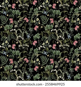 Trendy seamless floral textile print midnight flowers. Green and pink plants drawn against a dark background, intertwined with each other. 