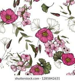 Trendy seamless flower pattern of orchid. Vintage background. Blooming realistic isolated flowers. Hand drawn vector illustration.