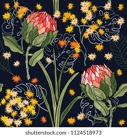 Trendy Seamless flower pattern. Vintage background. Wallpaper. Blooming realistic isolated flowers. Hand drawn. Vector illustration.