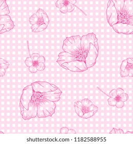 Trendy Seamless flower pattern. Vintage background. Wallpaper. Blooming realistic isolated flowers. Hand drawn. Vector illustration.