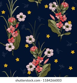 Trendy Seamless flower pattern. Vintage background. Wallpaper. Blooming realistic isolated flowers. Hand drawn. Vector illustration.