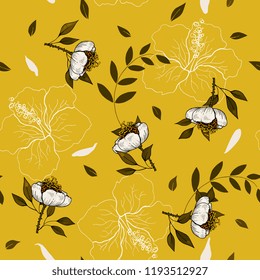 Trendy Seamless flower pattern. Vintage background. Wallpaper. Blooming realistic isolated flowers. Hand drawn. Vector illustration.