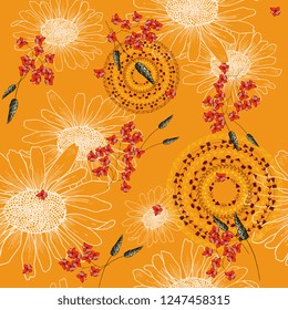 Trendy Seamless flower pattern. Vintage background. Wallpaper. Blooming realistic isolated flowers. Hand drawn. Vector illustration.