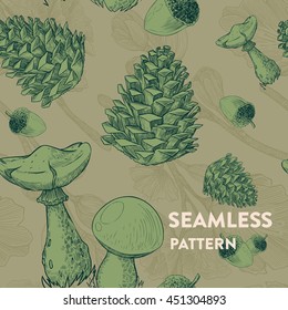 Trendy seamless forest pattern with  mushrooms, strobilus, and acorns on green background. Vector illustration