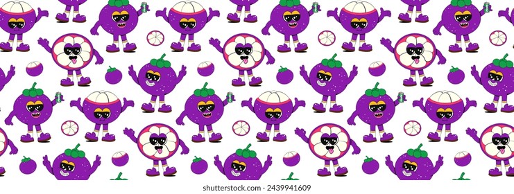 Trendy seamless fruit pattern in vintage retro linear style in bright colors. Retro 70s art character label background illustration. A fun, colorful, groovy mangosteen print.