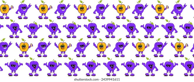 Patrón de fruta sin costuras de moda en estilo retro lineal vintage en colores brillantes. Ilustración de fondo de etiqueta de carácter de arte retro de los años 70. Divertido estampado de ciruela colorido.