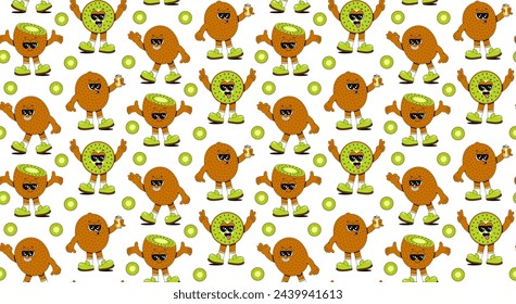 Trendy seamless fruit pattern in vintage retro linear style in bright colors. Retro 70s art character label background illustration. A fun, colorful, groovy kiwi print.