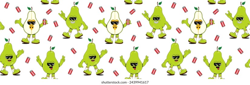 Patrón de fruta sin costuras de moda en estilo retro lineal vintage en colores brillantes. Ilustración de fondo de etiqueta de carácter de arte retro de los años 70. Divertido estampado de pera colorido.