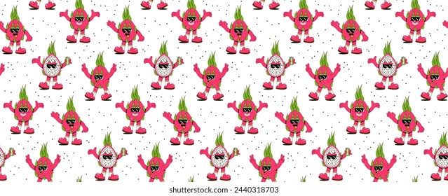 Trendy seamless fruit pattern in vintage retro linear style in bright colors. Retro 70s art character label background illustration. Fun colorful groovy dragon fruit print.