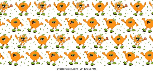 Trendy seamless fruit pattern in vintage retro linear style in bright colors. Retro 70s art character label background illustration. Fun colorful groovy orange print.