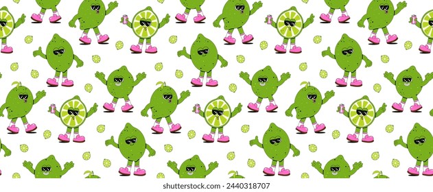Patrón de fruta sin costuras de moda en estilo retro lineal vintage en colores brillantes. Ilustración de fondo de etiqueta de carácter de arte retro de los años 70. Divertido estampado de lima colorido.